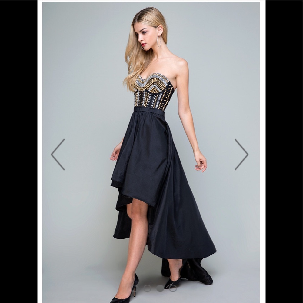 Bebe high low taffeta beaded strapless gown size 0
